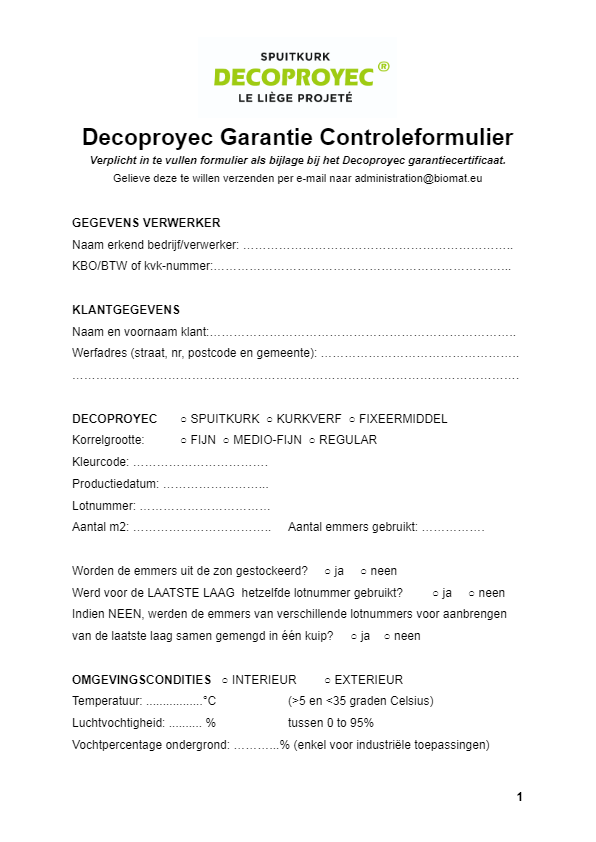 Decoproyec Garantie Controleformulier