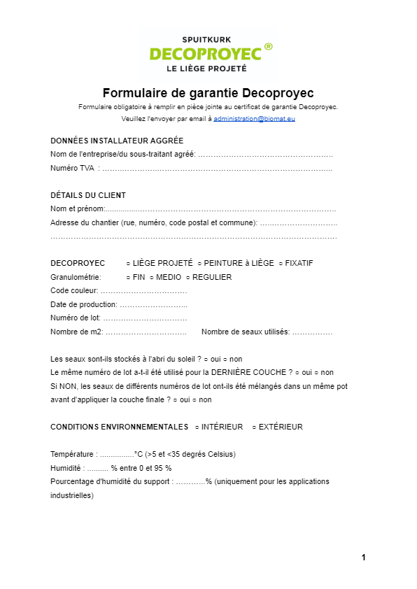 Formulaire de garantie Decoproyec